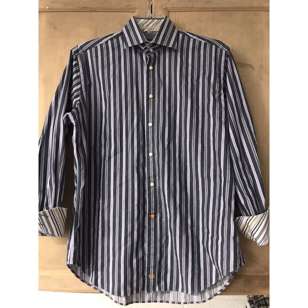 Thomas Dean LS Button Up‎ Flip Cuff Sz Lg Purple/Blue/White